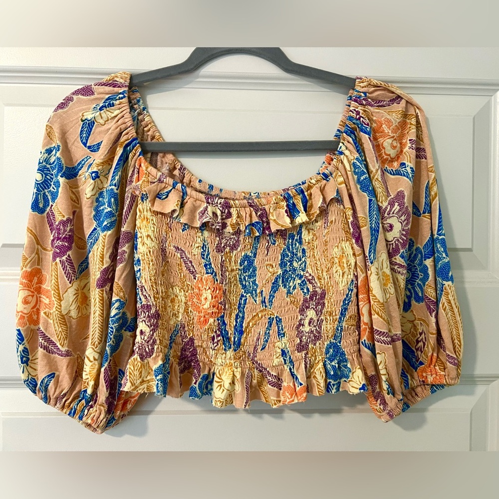 Urban Outfitters Orange Floral Smocked Puff Sleeve Crop Top